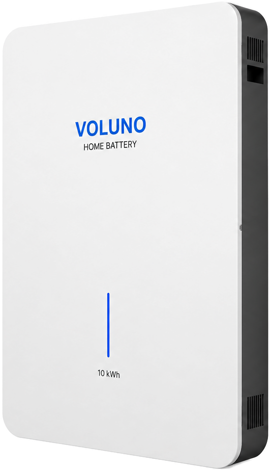 Merkbeeld van een Voluno-thuisbatterij: strak wit wandmodel met blauw logo.